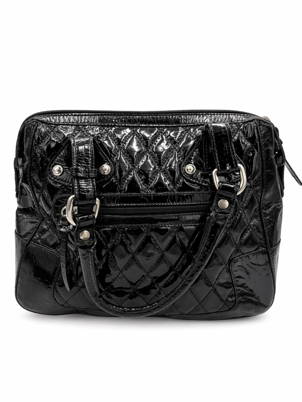Stuart Weitzman Black Patent Leather Quilted Satchel Bowler Bag Vintage Y2K